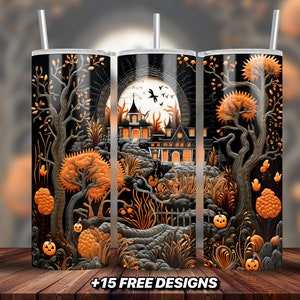 Embroidery Autumn Fall Scene Tumbler Design 20 oz Skinny Tumbler Sublimation Design Digital Download PNG Instant DIGITAL ONLY