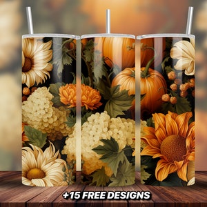 Seamless Floral Pumpkin Fall Tumbler Design 20 oz Skinny Tumbler Sublimation Design Digital Download, Fall Autumn Tumbler