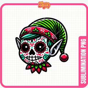 May include: A colorful illustration of a sugar skull elf wearing a green and red hat with a white background. The skull has a detailed design with flowers and swirls.