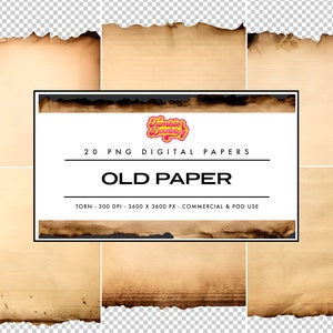 May include: 20 digital paper textures in PNG format. The papers are old, torn, and have a vintage look. They are 3600 x 3600 pixels and 300 DPI. They are for commercial and personal use.