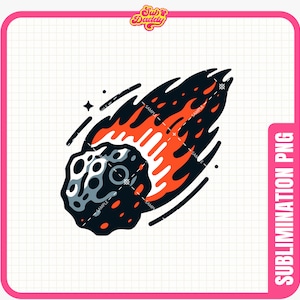 May include: A fiery red and orange comet with a black and gray rocky surface streaks across a white grid background.