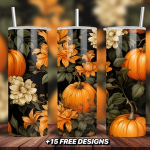 Floral Pumpkin Fall Tumbler Design 20 oz Skinny Tumbler Sublimation Design Digital Download PNG Instant DIGITAL ONLY, Fall Autumn Tumbler