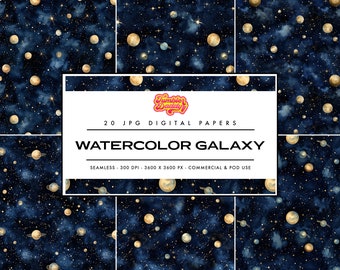 Watercolor Blue and Gold Foil Galaxy Digital Papers, Seamless Cosmic Backdrop, Cosmic Pattern, Cosmic Paper, Space Pattern, Night Sky Stars