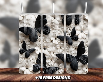 Mariposa negra 3D y flores blancas, diseño de sublimación de vaso flaco de 20 oz, descarga instantánea PNG, envoltura de vaso recto, diseño de vaso 3D