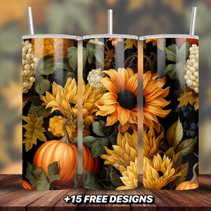 Seamless Floral Pumpkin Fall Tumbler Design 20 oz Skinny Tumbler Sublimation Design Digital Download, Fall Autumn Tumbler