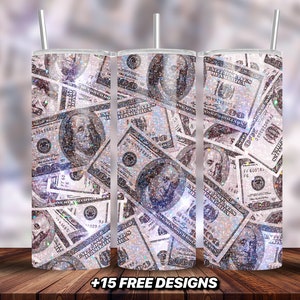 Involucro per bicchiere da 20 once con banconota da un dollaro in argento glitterato, involucro per bicchiere Boss Girl, bicchiere sfarzoso in argento, design per bicchiere Boss ragazza, bicchiere skinny da 20 once