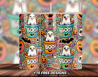 Envoltura para vaso de Halloween con forma de cubo Boo sin costuras / Vaso de 20 oz / Patrón de Halloween por sublimación / Diseño lindo de cubo Boo / Diseño de vaso delgado