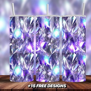May include: Three stainless steel tumblers with a holographic diamond pattern. The tumblers are silver with iridescent purple, blue, and green hues.  +15 FREE DESIGNS