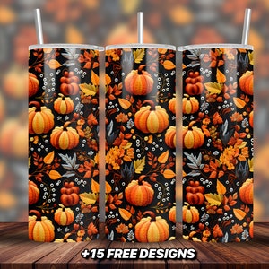 Embroidered Pumpkin Fall Tumbler Design 20 oz Skinny Tumbler Sublimation Design Digital Download PNG Instant DIGITAL ONLY, Autumn Tumbler