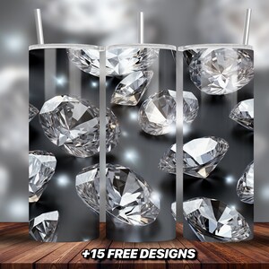 May include: Three stainless steel tumblers with a black background and a pattern of sparkling diamonds.  The tumblers have lids and straws.
