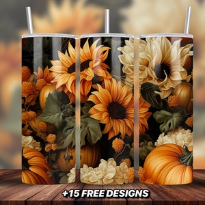 Seamless Floral Pumpkin Fall Tumbler Design 20 oz Skinny Tumbler Sublimation Design Digital Download, Fall Autumn Tumbler