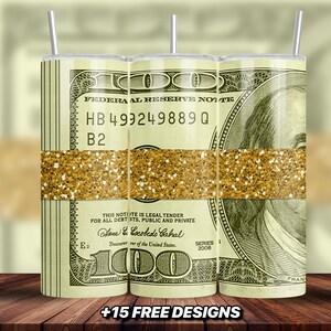 Money roll band tumbler wrap PNG, download digitale, banconota da 100 dollari sottile da 20 once, design a sublimazione del tumbler senza soluzione di continuità, tumbler dritto