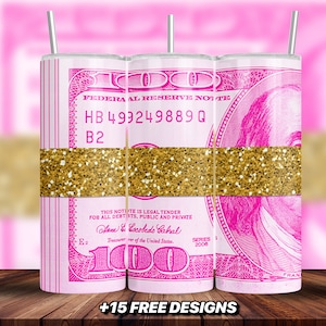Money roll band tumbler wrap PNG, download digitale, banconota da 100 dollari sottile da 20 once, design a sublimazione del tumbler senza soluzione di continuità, tumbler dritto