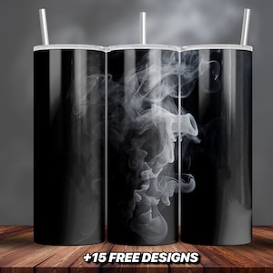 May include: Three black stainless steel tumblers with white smoke designs. The tumblers have lids and straws.