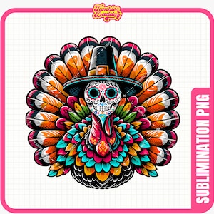 Sugar Skull Thanksgiving Turkey PNG, Thanksgiving PNG, Dia De Los Muertos, Clipart Hispano, Sublimación de Acción de Gracias, Descarga Digital