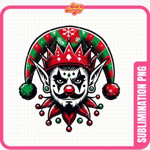 May include: A red and green Christmas elf with a pointy hat, a crown, and a mischievous expression. The elf has a red nose, black eyes, and a black beard. The elf is wearing a red and green hat with a white snowflake pattern. The elf is surrounded by red and green holly berries.