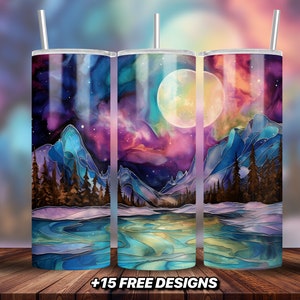Alcohol Ink Northern Lights 20oz Sublimation Tumbler Designs | Galaxy 9.2 x 8.3” Straight Skinny Tumbler Wrap PNG | Sublimation Design PNG