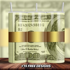 Money roll band tumbler wrap PNG, download digitale, banconota da 100 dollari sottile da 20 once, design a sublimazione del tumbler senza soluzione di continuità, tumbler dritto
