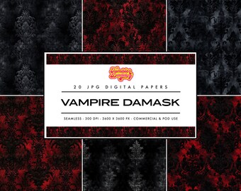 Papeles digitales de damasco vampiro de terciopelo rojo y negro, Fondos de Halloween, Papeles digitales de Halloween vintage, Patrón sin costuras espeluznante, Damasco