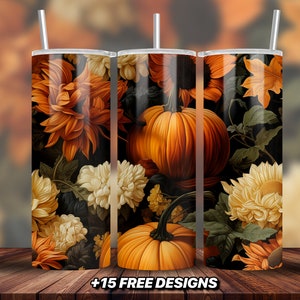 Seamless Floral Pumpkin Fall Tumbler Design 20 oz Skinny Tumbler Sublimation Design Digital Download, Fall Autumn Tumbler