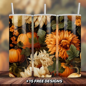 Seamless Floral Pumpkin Fall Tumbler Design 20 oz Skinny Tumbler Sublimation Design Digital Download, Fall Autumn Tumbler