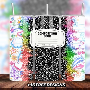 Teacher Sublimation Tumbler Wrap Design, Rainbow Tumbler Design, Composition Notebook Sublimation Wrap Design, School Doodle Teacher Wrap