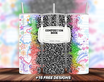 Teacher Sublimation Tumbler Wrap Design, Rainbow Tumbler Design, Composition Notebook Sublimation Wrap Design, School Doodle Teacher Wrap