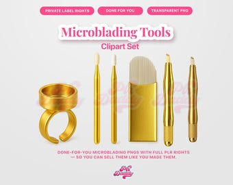 Imágenes prediseñadas de microblading dorado PLR Canva PNGs Marketing digital PLR Derechos de reventa Microblading PLR Producto digital PLR Belleza PNG Clipart Flyer