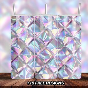 May include: Three stainless steel tumblers with a iridescent, geometric pattern. The tumblers are lined up in a row on a wooden surface. +15 FREE DESIGNS