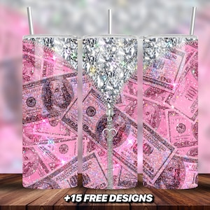 Pink Glitter Dollar Bill Zipper 20 Unzen Tumbler Wrap, Zipper Tumbler Wrap, Pink Diamond Glitzy Tumbler, Pink 20 Unze Skinny Tumbler Design Png