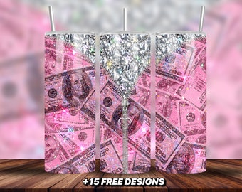Pink Glitter Dollar Bill Zipper 20oz Tumbler Wrap, Envoltura de vaso con cremallera, Vaso brillante de diamante rosa, Diseño de vaso flaco rosa de 20 oz Png