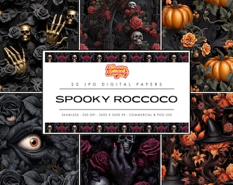 Spooky Roccoco Floral Halloween Digital Paper Pack, Gothic Digital Paper, Seamless Halloween Papers, Dark Academia Design, Scrapbook Paper