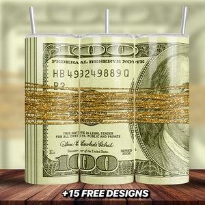 Avvolgi tumbler con fascia per soldi PNG / elastici / banconota skinny da 100 dollari da 20 oz / design a sublimazione tumbler senza soluzione di continuità, tumbler dritto
