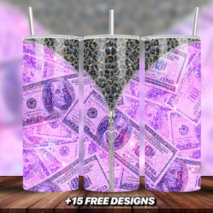 Lila Glitzer Dollar Bill Zipper 20oz Tumbler Wrap, Zipper Tumbler Wrap, Lila Glitzer Tumbler, Lila 20 Oz Skinny Tumbler Design Png