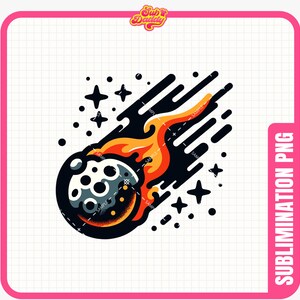 May include: A black and white illustration of a fiery comet with a moon-like surface. The comet is on a white background with small stars.