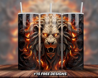 Envoltura de vaso de león 3D / Envoltura de vaso flaco de fuego de león 3D / Descarga instantánea Png / Sublimación de diseño de vaso flaco de 20 Oz / Vaso recto