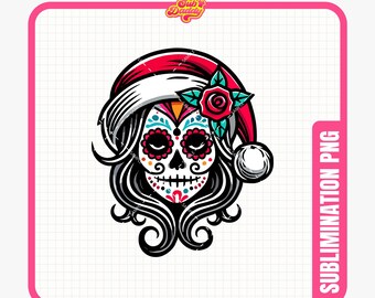 Calavera de azúcar MRS CLAUS png, archivo PNG de Navidad, Día de los Muertos, Clipart hispano, sublimación navideña
