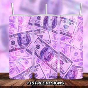 Lila Glitzer Dollar Bill 20 Unzen Becher Wrap, Boss Girl Becher Wrap, Lila Glitzer Becher, Girl Boss Becher Design, 20 Unzen Skinny Tumbler