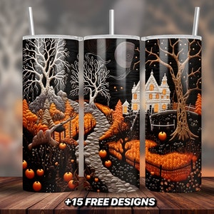 Embroidery Autumn Fall Scene Tumbler Design 20 oz Skinny Tumbler Sublimation Design Digital Download PNG Instant DIGITAL ONLY
