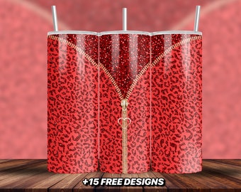 Glitter Red Leopard Tumbler Wrap PNG, plantilla de diseño de sublimación de vaso delgado de 20 oz, envoltura de vaso con estampado de leopardo rojo, PNG de brillo rojo