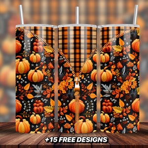 Embroidered Pumpkin Fall Tumbler Design 20 oz Skinny Tumbler Sublimation Design Digital Download PNG Instant DIGITAL ONLY, Autumn Tumbler
