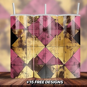 Può includere: Tre bicchieri in acciaio inossidabile con un motivo geometrico di quadrati rosa, dorati e neri. I bicchieri hanno coperchi e cannucce.