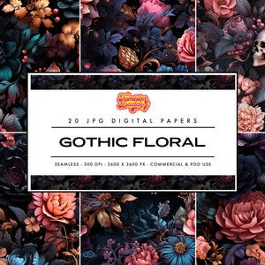 May include: A collage of digital papers featuring dark floral designs. The papers showcase various blooms in shades of teal, coral, and gold against a black background. The text "GOTHIC FLORAL" is displayed on a white rectangle, along with other details.