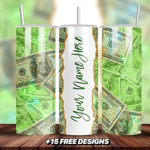 Aggiungi il tuo nome Green Money Tumbler Wrap PNG, 20oz Green Glitz Skinny Tumbler Design a sublimazione, Luxury Tumbler PNG, Il tuo nome Green Tear