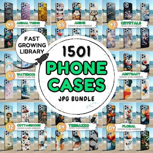 May include: A collection of phone case designs, including animal themes, anime, crystals, watercolor, cottagecore, terrazzo, and floral patterns. The image displays a variety of phone cases with different designs, with the text "1501 PHONE CASES JPG BUNDLE".