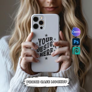 May include: White phone case mockup with the text "YOUR DESIGN HERE" in black lettering and stars around the text. The case is being held by a person's hands.