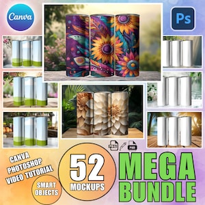 52 Tumbler Mockup Bundle: 20oz Skinny Tumbler PNG PSD Canva Templates (Digital Download)
