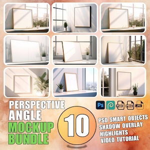 May include: A mockup bundle featuring ten different perspectives of square frames with gold-colored borders. Each frame displays a blank white canvas, set against a window with natural light and small potted plants. The image includes text: "PERSPECTIVE ANGLE MOCKUP BUNDLE 10".