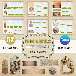 May include: A set of 52 printable tags and labels for junk journaling. The tags feature a variety of designs, including butterflies, flowers, landscapes, and vintage maps. The text "TAGS-LABELS JUNK JOURNAL Edit in Canva TEMPLATE" is included in the image.