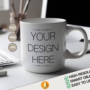 Puede incluir: Taza de cerámica blanca con un diseño negro que dice "YOUR DESIGN HERE". La taza está sobre una superficie blanca con un teclado y un bolígrafo.